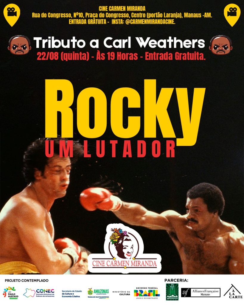 Morto em 1º de fevereiro deste ano, o ator e jogador de futebol americano Carl Weathers ficou marcado na história do cinema como Apollo Creed e, nos últimos anos, ficou conhecido pelos jovens por conta da série ‘The Mandalorian’, da Disney. Co astro de diversos filmes campeões de bilheteria e coadjuvante de luxo, o Cine Carmen Miranda presta uma homenagem ao artista. 
